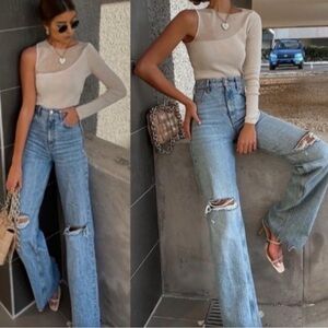 ZARA WIDE LEG FULL LENGTH RIPPED JEANS | size 36/4
